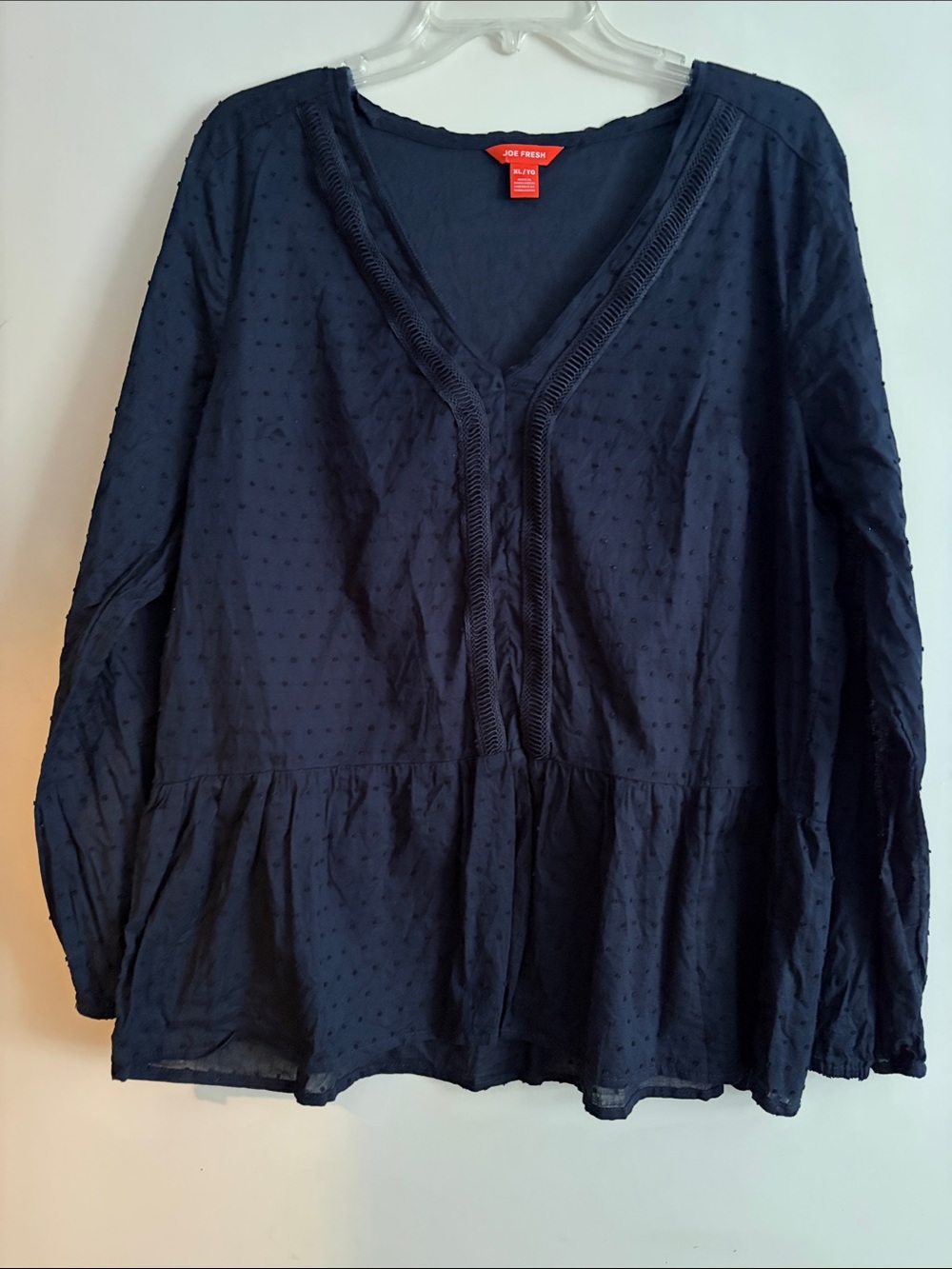 Joe Fresh Women’s Navy Swiss-Dot V-Neck‎ Long Sleeve Peasant Top, XL